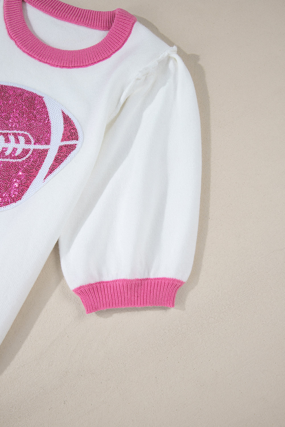 Purple Sequin Football Color Block Puff Short Sleeve Sweater