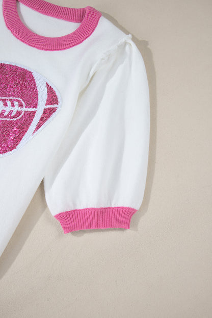 Purple Sequin Football Color Block Puff Short Sleeve Sweater