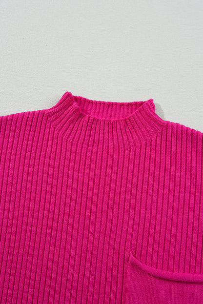 Beau Blue Patch Pocket Ribbed Knit Short Sleeve Sweater