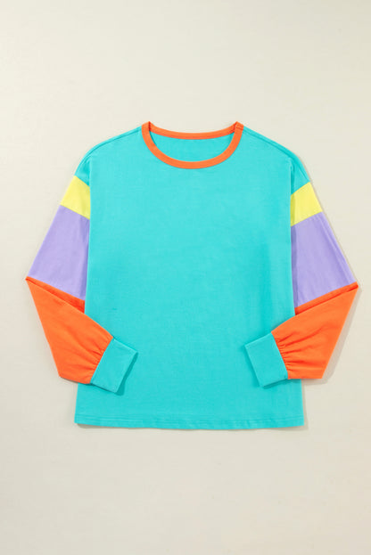 Green Colorblock Patchwork Long Sleeve Loose Top