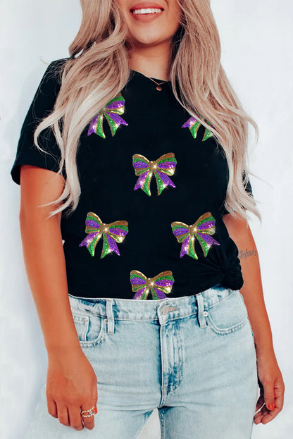White Sequin Mardi Gras Bow Graphic Crewneck Tee