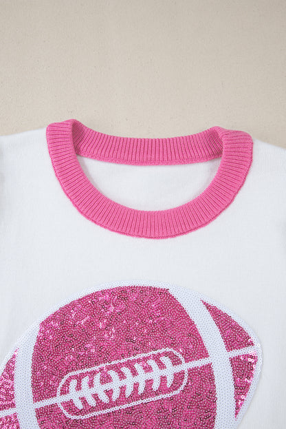 Purple Sequin Football Color Block Puff Short Sleeve Sweater