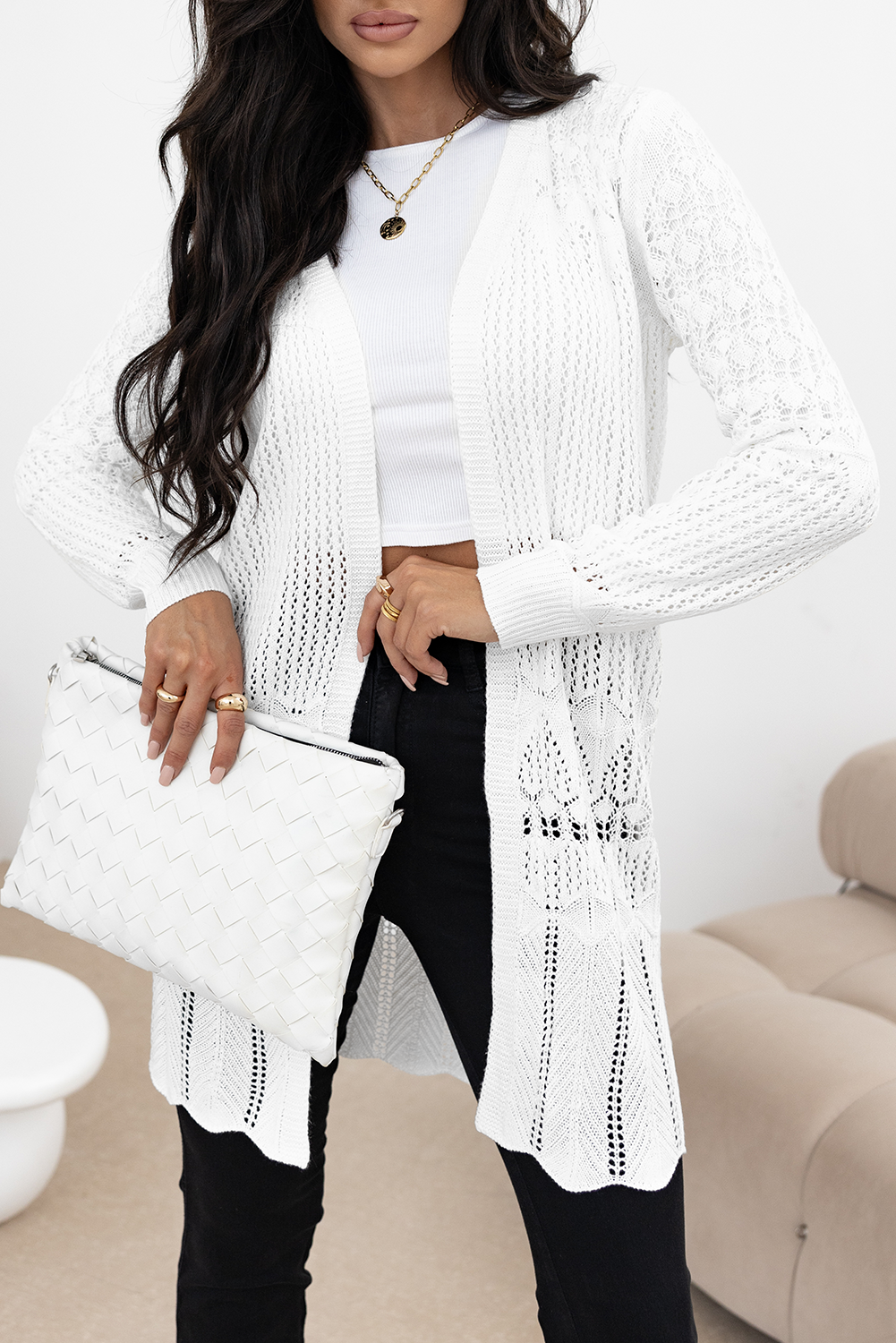 Black Crochet Hollow Out Open Front Cardigan