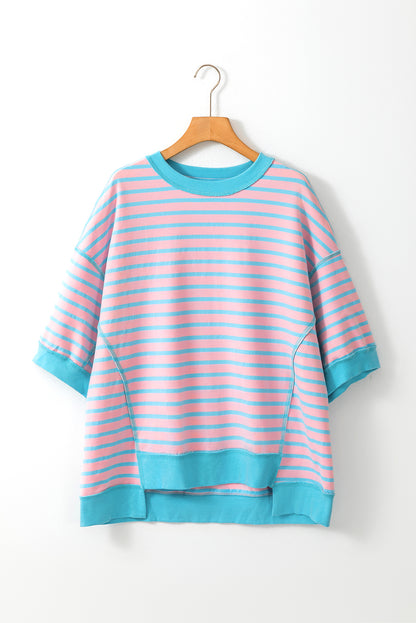 Sky Blue Stripe Oversized Contrast Trim Exposed Seam High Low T Shirt