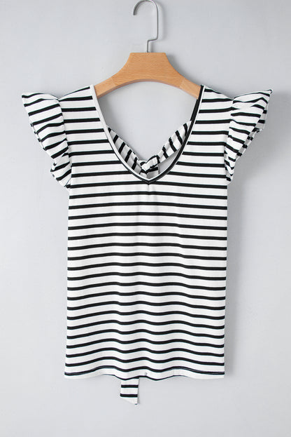 Pink Stripe Butterfly Sleeve V Neck Hollowed Knot Back T Shirt
