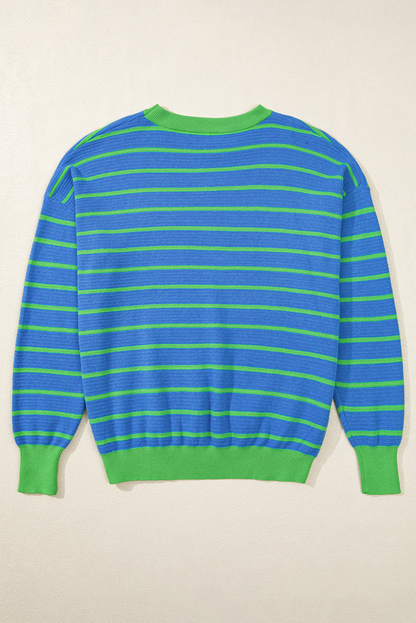 Orange Stripe Trimmed Round Neck Drop Shoulder Loose Sweater