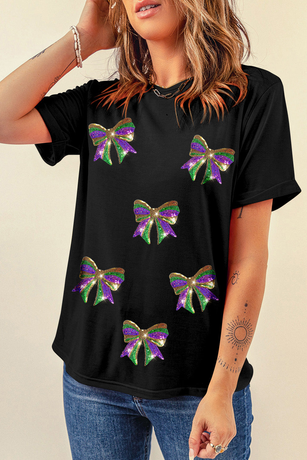 White Sequin Mardi Gras Bow Graphic Crewneck Tee