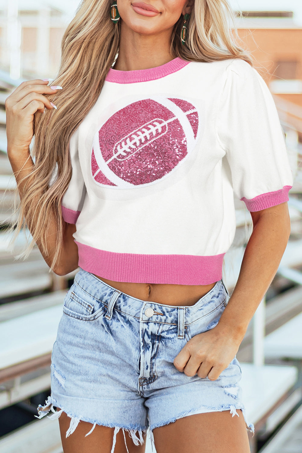 Purple Sequin Football Color Block Puff Short Sleeve Sweater