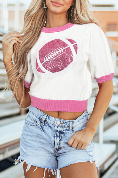Purple Sequin Football Color Block Puff Short Sleeve Sweater