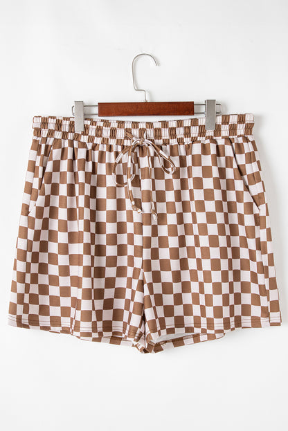 Brown Plus Size Checkerboard Print Side Slim Tee Shorts Set