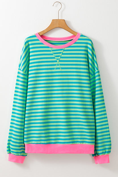 Green Stripe Oversized Contrast Trim Pullover Sweatshirt