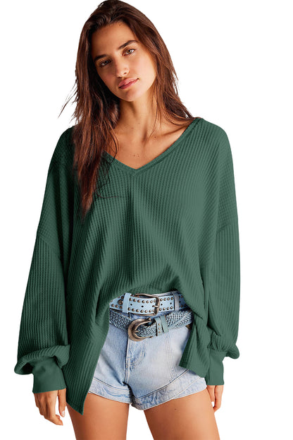 Orchid Petal Waffle V Neck Long Sleeve Drop Shoulder Loose Blouse