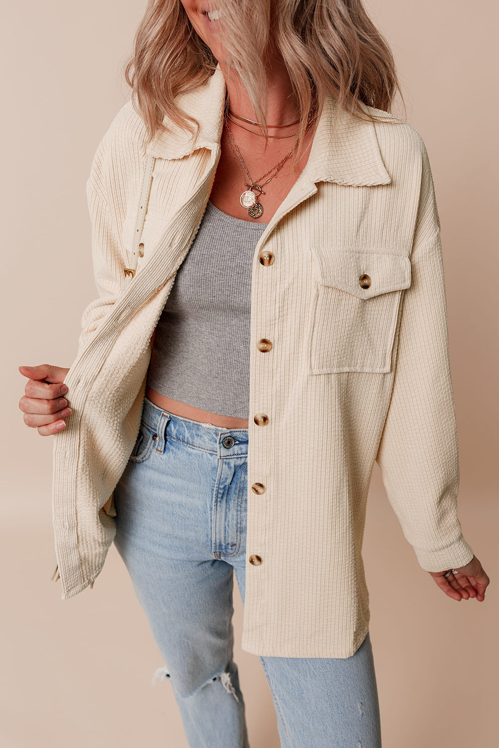 Chestnut Corduroy Flap Pocket Button Up Shacket