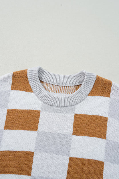 Orange Checkered Ribbed Edge O Neck Drop Shoulder Sweater