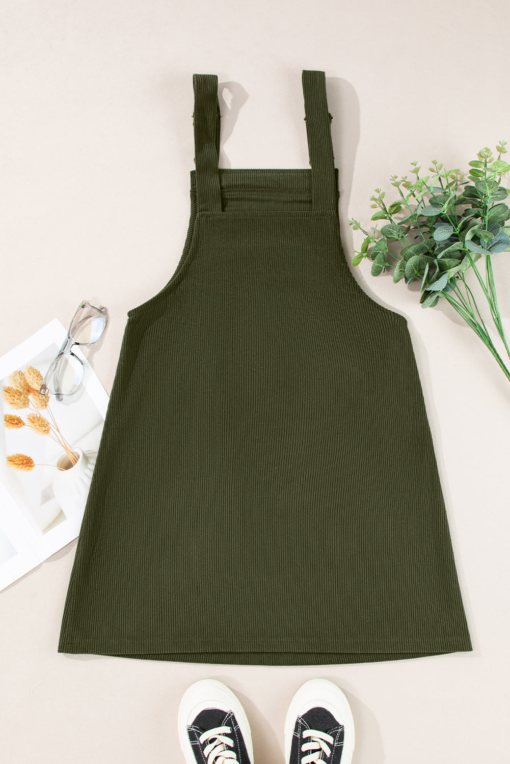 Cinnamon Solid Front Pockets Sleeveless Corduroy Overall Dress