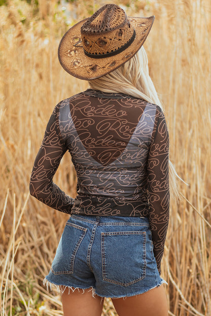 Black Western Rodeo Printed Mock Neck Long Sleeve Mesh Top