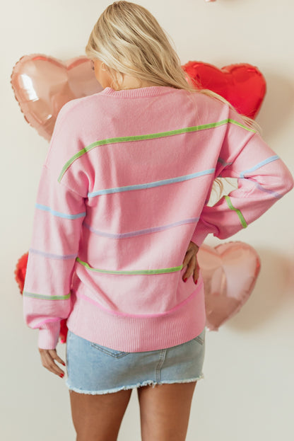 White Rainbow Stripes Drop Shoulder Baggy Henley Sweater