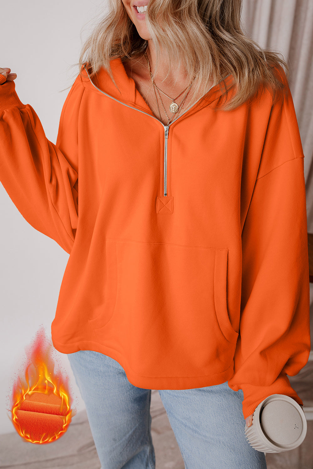 Light Grey Fleece Lined Half Zipper Kangaroo Pockets Loose Hoodie