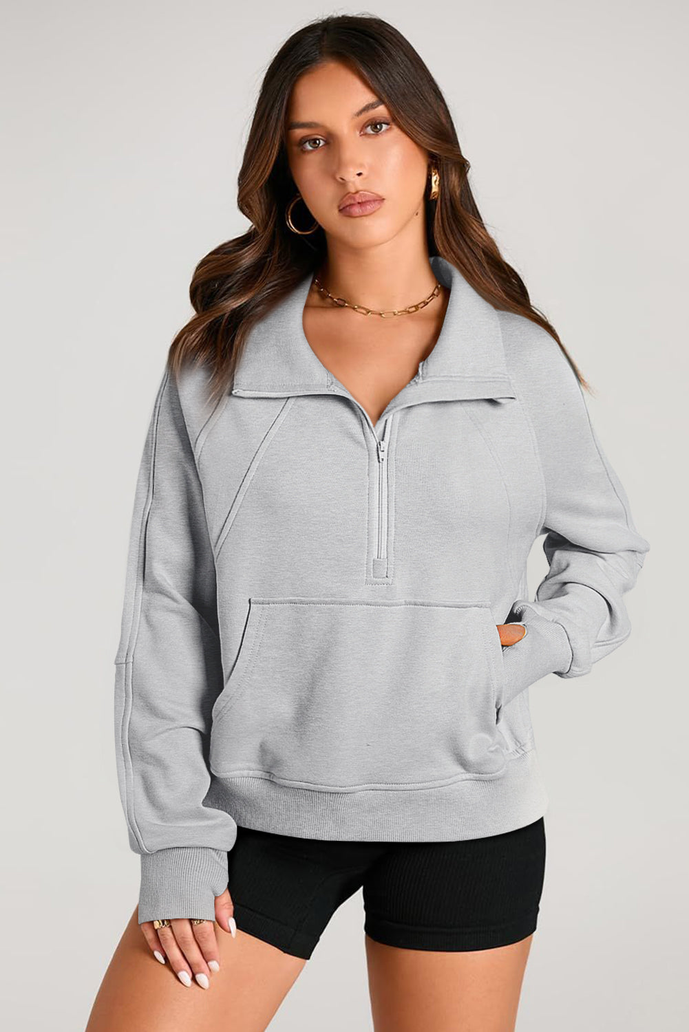Valerian Quarter Zip Stand Neck Kangaroo Pocket Sweatshirt