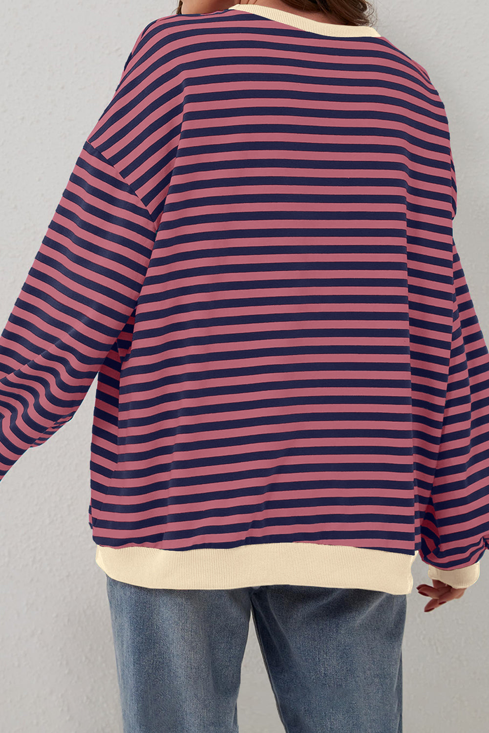 Green Stripe Oversized Contrast Trim Pullover Sweatshirt