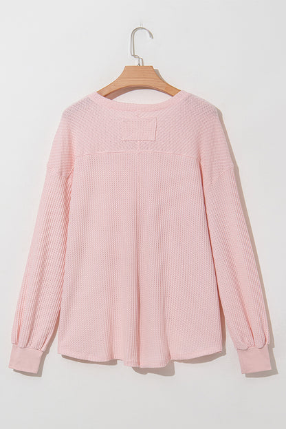 Orchid Petal Waffle V Neck Long Sleeve Drop Shoulder Loose Blouse