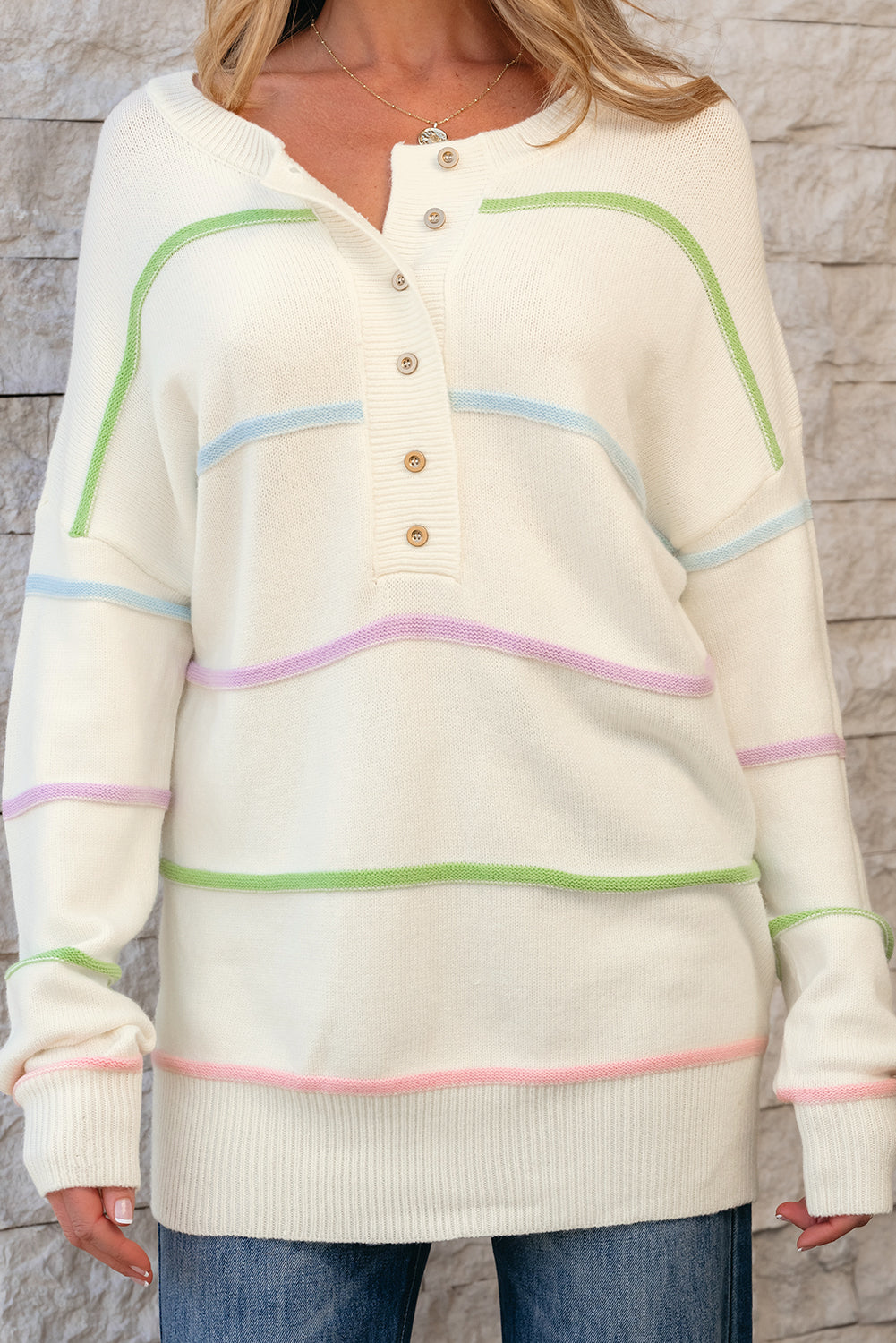 White Rainbow Stripes Drop Shoulder Baggy Henley Sweater