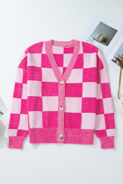 Black Checkered Drop Shoulder Buttoned V Neck Cardigan