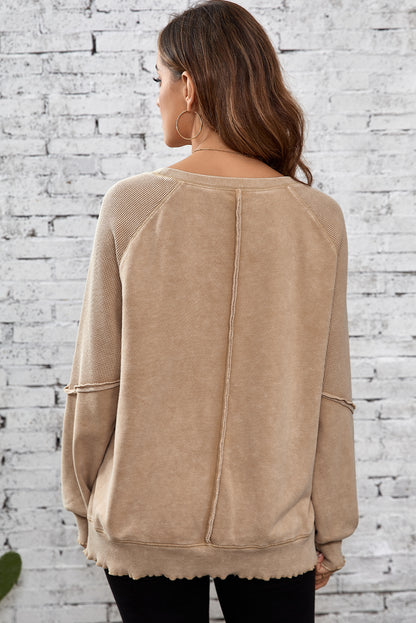 Black Solid Waffle Knit Patchwork Raglan Sleeve Sweatshirt