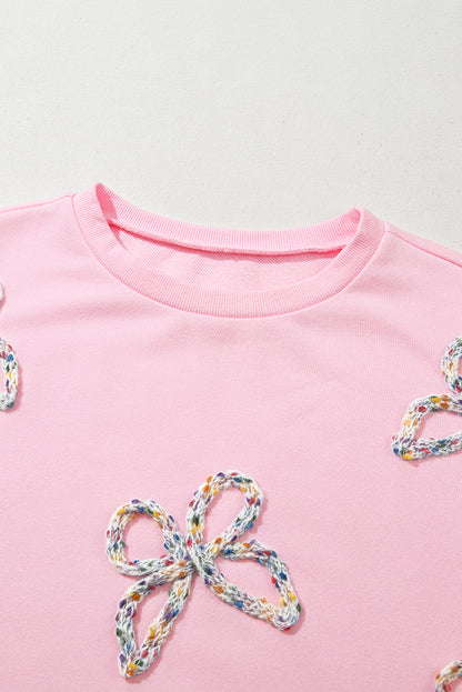 Light Pink Embroidered Bow Lantern Sleeve Oversized Pullover Sweatshirt
