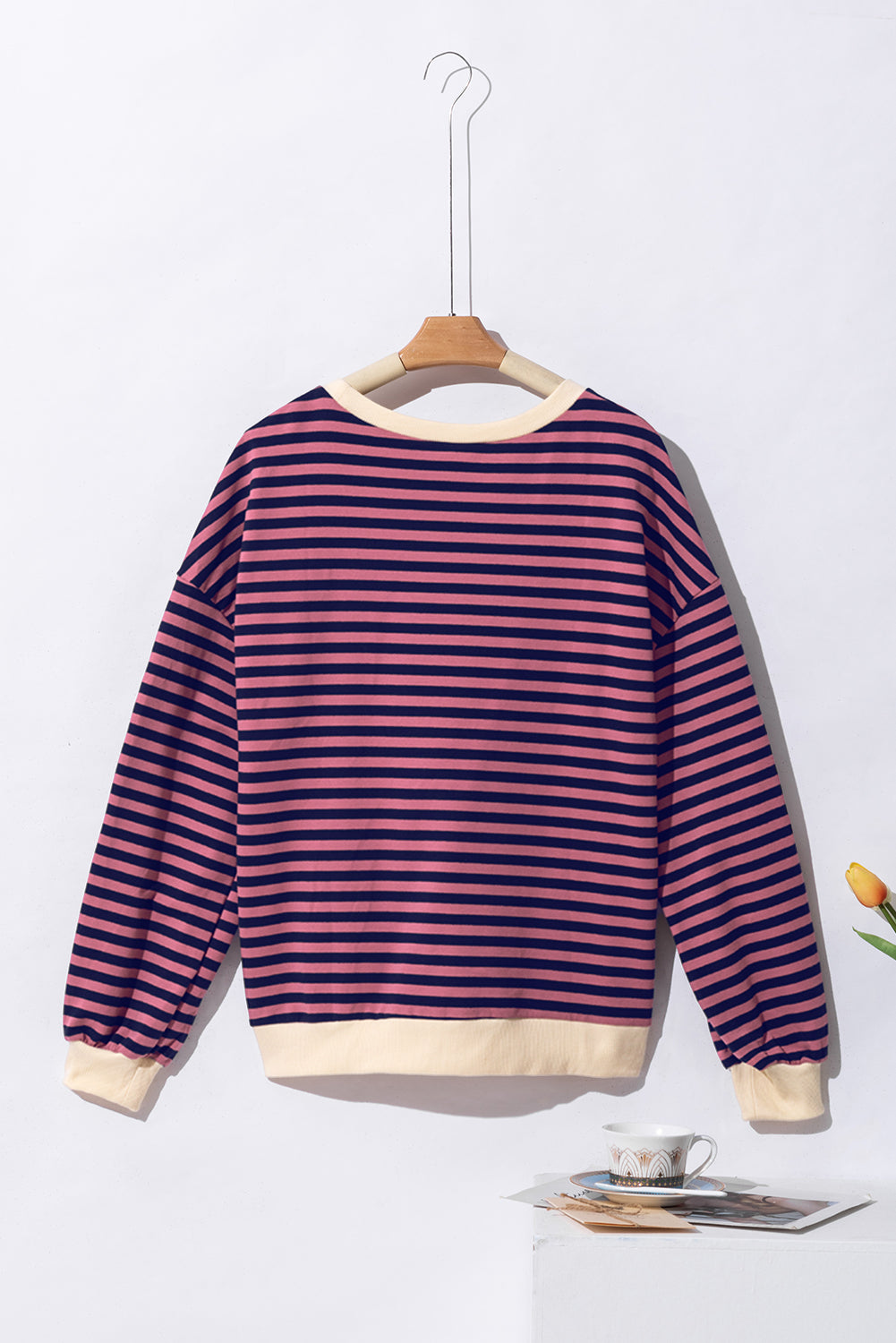 Green Stripe Oversized Contrast Trim Pullover Sweatshirt