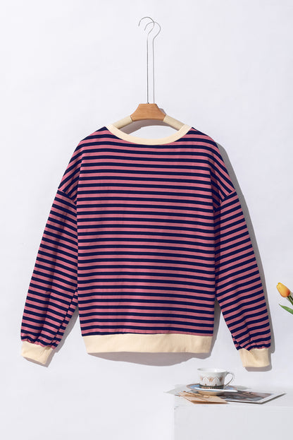 Green Stripe Oversized Contrast Trim Pullover Sweatshirt