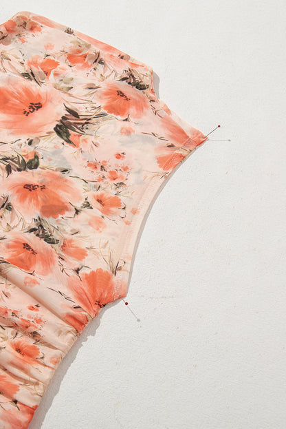 Red Mesh Floral Printed Slim Fit Tank Top