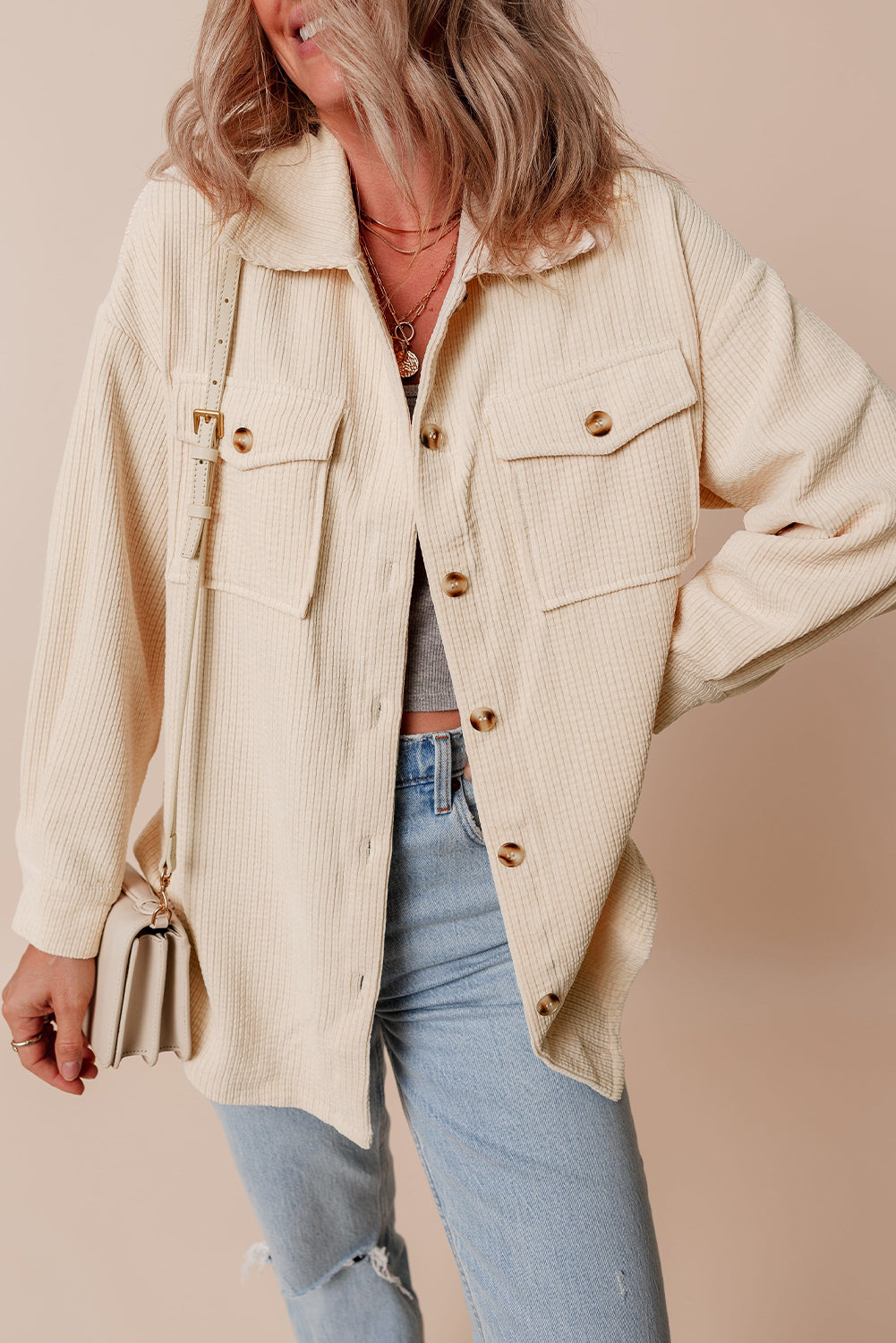 Chestnut Corduroy Flap Pocket Button Up Shacket