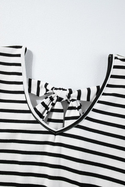 Pink Stripe Butterfly Sleeve V Neck Hollowed Knot Back T Shirt