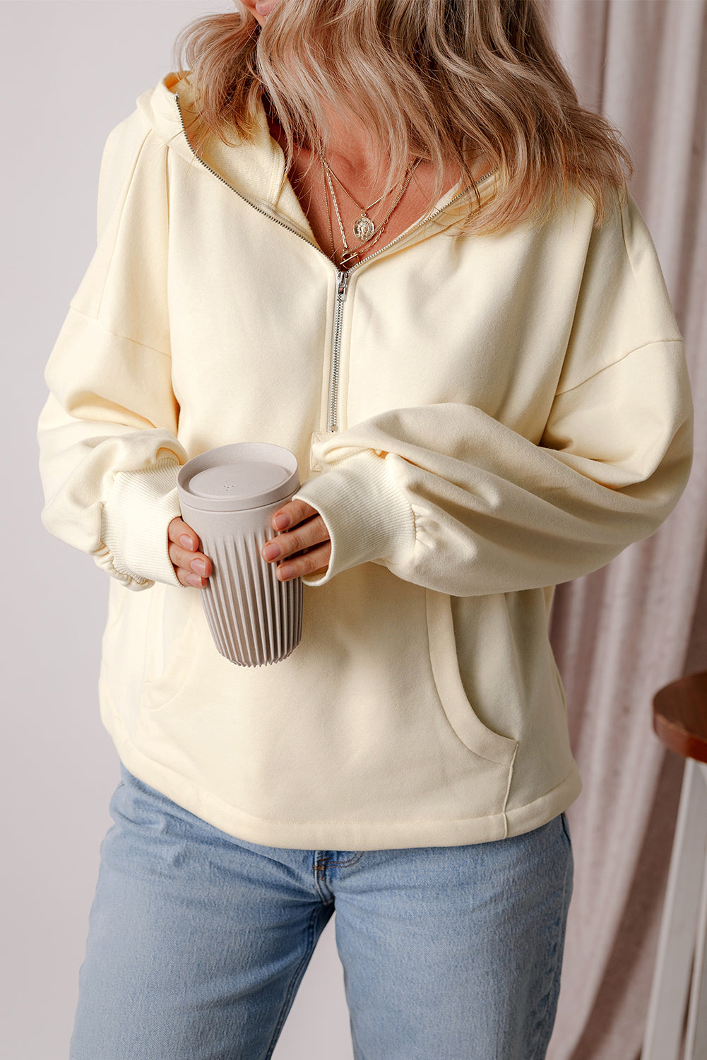 Light Grey Fleece Lined Half Zipper Kangaroo Pockets Loose Hoodie