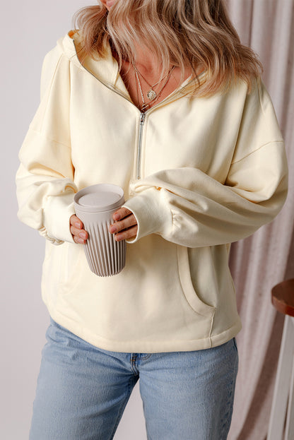 Light Grey Fleece Lined Half Zipper Kangaroo Pockets Loose Hoodie