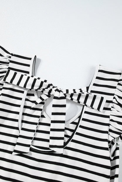 Pink Stripe Butterfly Sleeve V Neck Hollowed Knot Back T Shirt