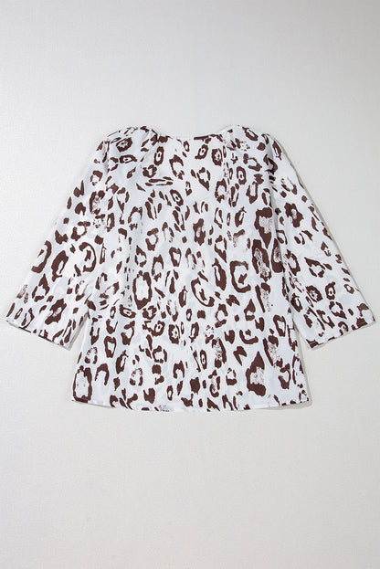 Black Leopard Print Ruched V Neck 3/4 Sleeve Blouse