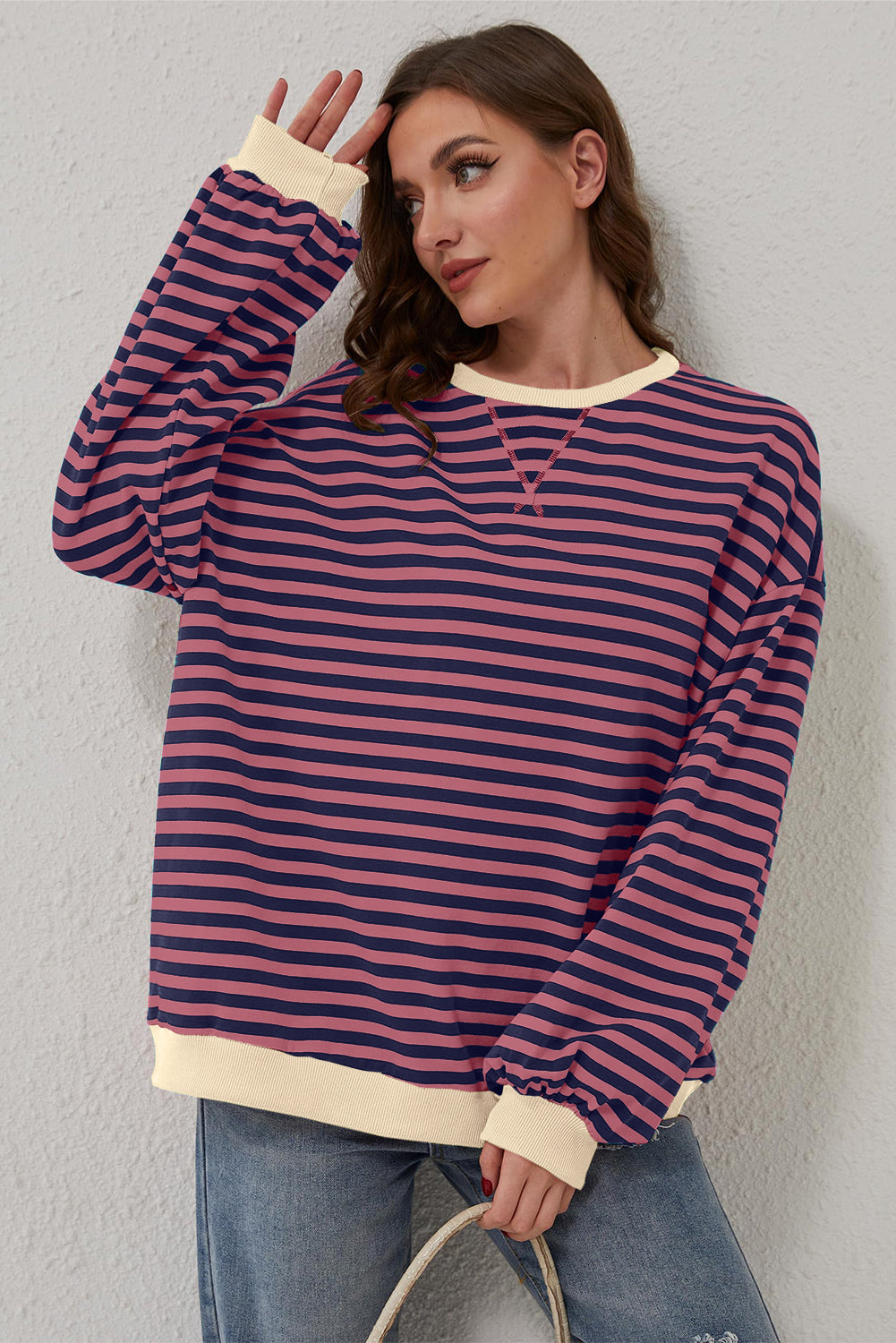 Green Stripe Oversized Contrast Trim Pullover Sweatshirt