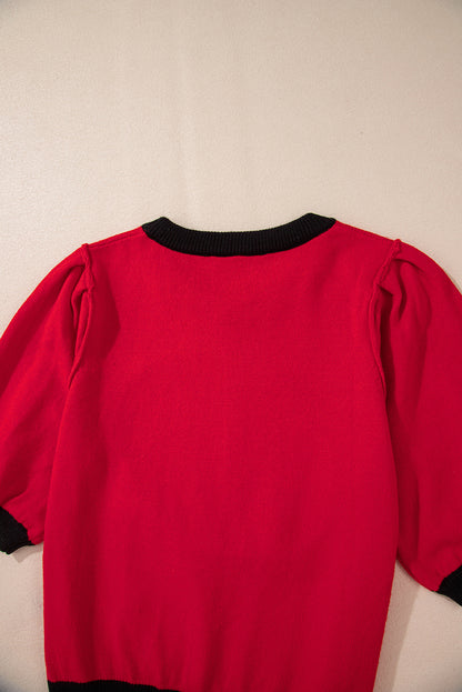 Purple Sequin Football Color Block Puff Short Sleeve Sweater
