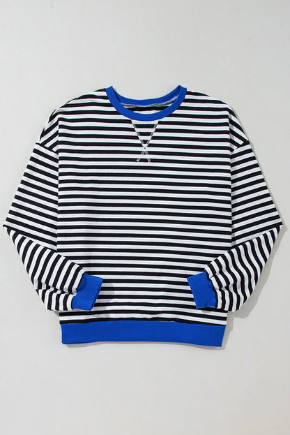 Green Stripe Oversized Contrast Trim Pullover Sweatshirt
