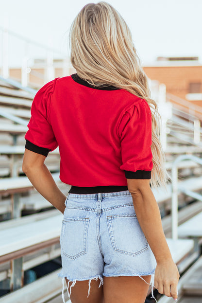 Purple Sequin Football Color Block Puff Short Sleeve Sweater