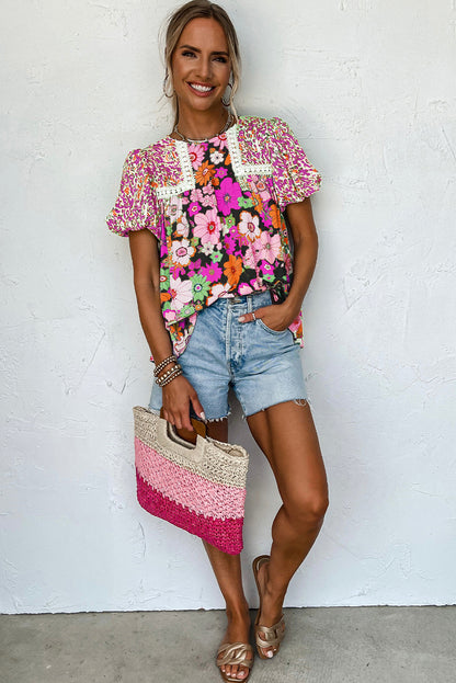 Green Bubble Sleeve Lace Trim Floral Mixed Print Blouse