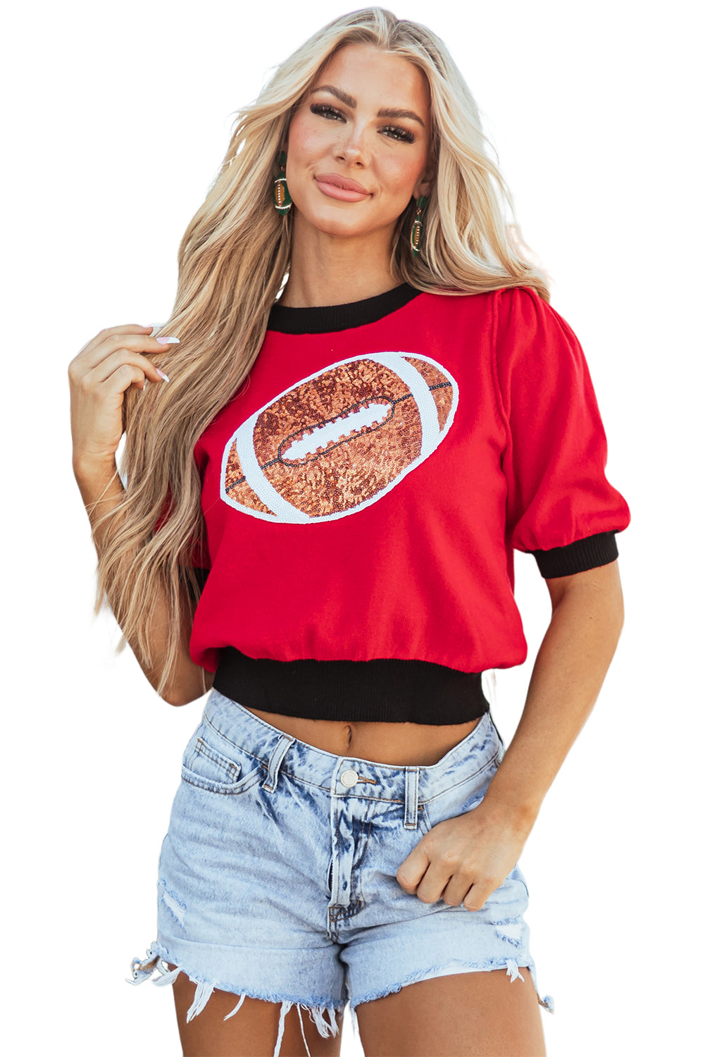 Purple Sequin Football Color Block Puff Short Sleeve Sweater