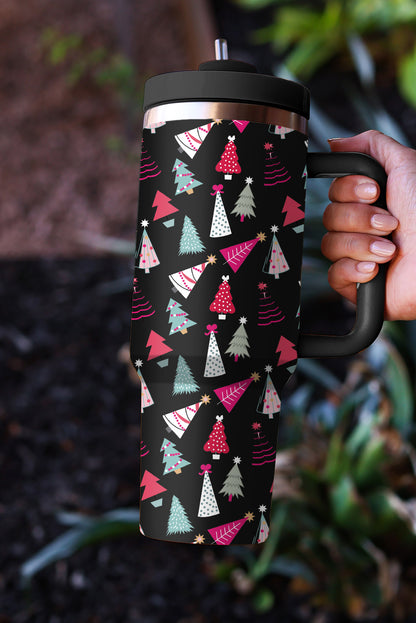 Rose Red Cartoon Christmas Tree Printed Thermos Cup 40oz