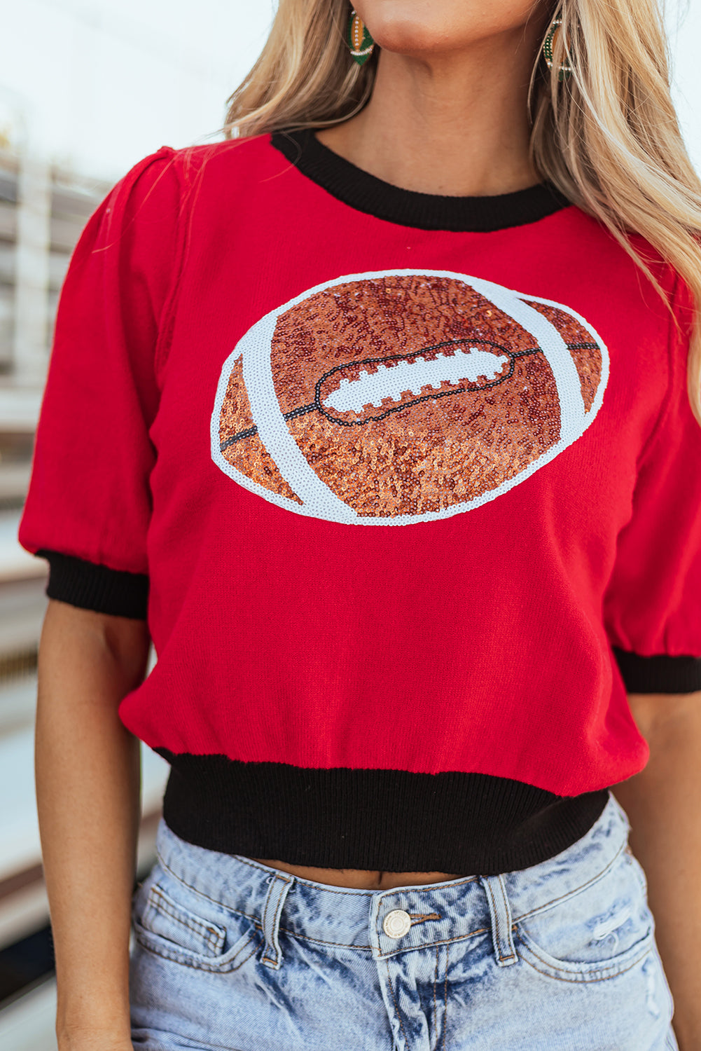 Purple Sequin Football Color Block Puff Short Sleeve Sweater