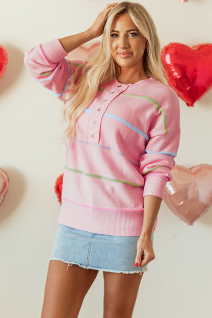 White Rainbow Stripes Drop Shoulder Baggy Henley Sweater