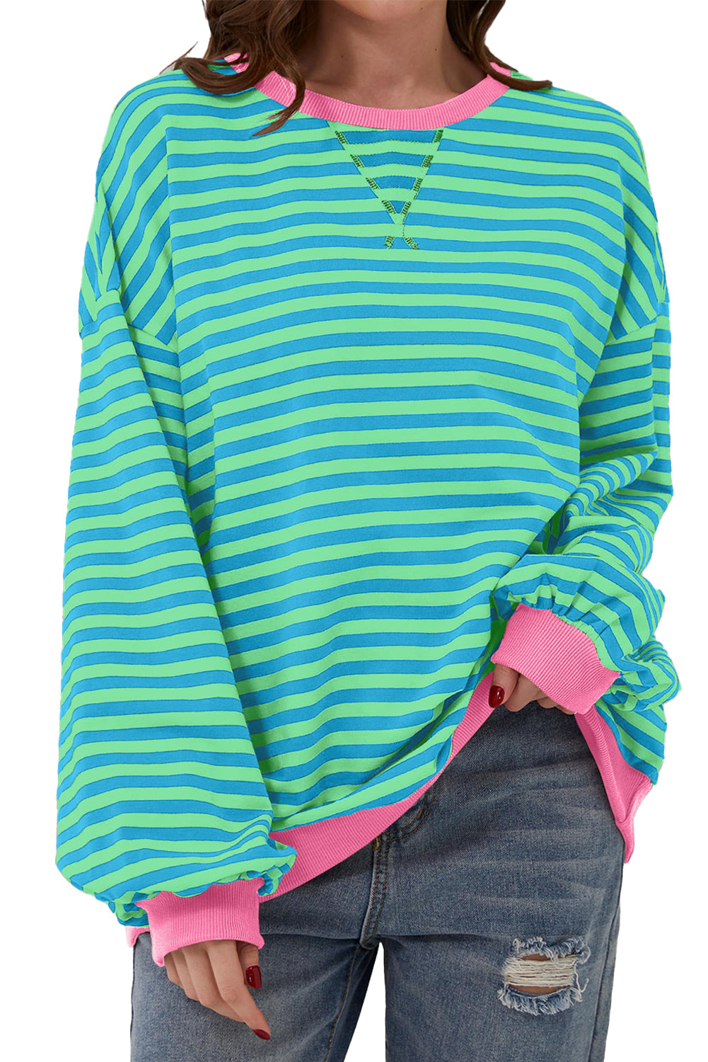 Green Stripe Oversized Contrast Trim Pullover Sweatshirt