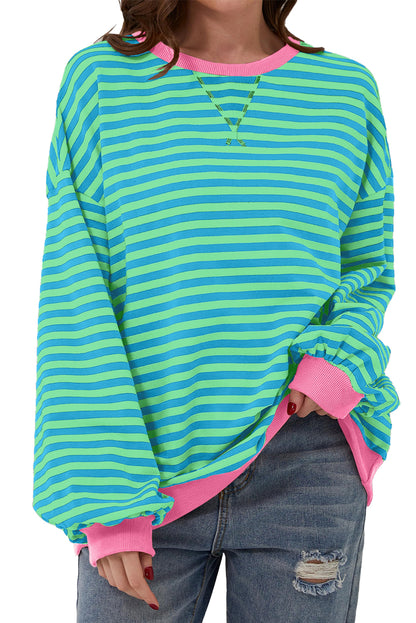 Green Stripe Oversized Contrast Trim Pullover Sweatshirt