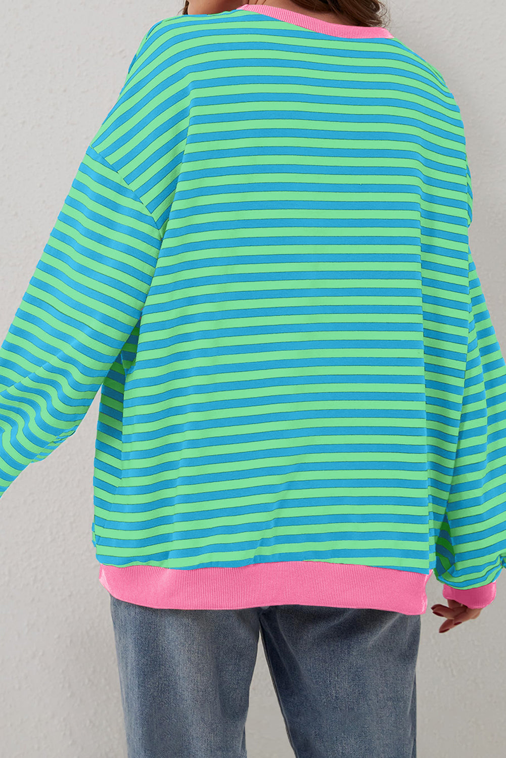Green Stripe Oversized Contrast Trim Pullover Sweatshirt